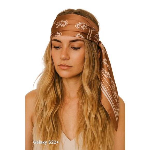 Tan Paisley Square Scarf Wild Rag Bandana Print Satin Neck Head Wrap 27 in - Picture 4 of 6